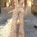  Euramerican V Neck Printed White Polyester One-piece Jumpsuits(Without Belt)