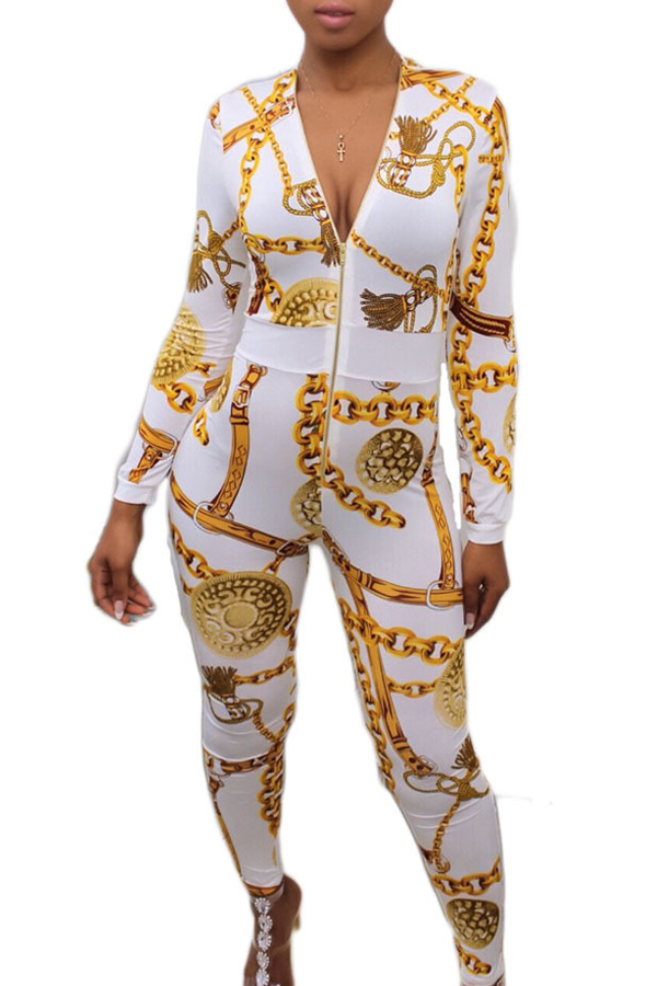  Euramerican V Neck Zipper Design Printed White Polyester One-piece Jumpsuits