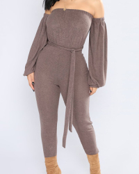  Fashion Bateau Neck Lantern Sleeves Grey Polyester One-piece Jumpsuits(With Belt)