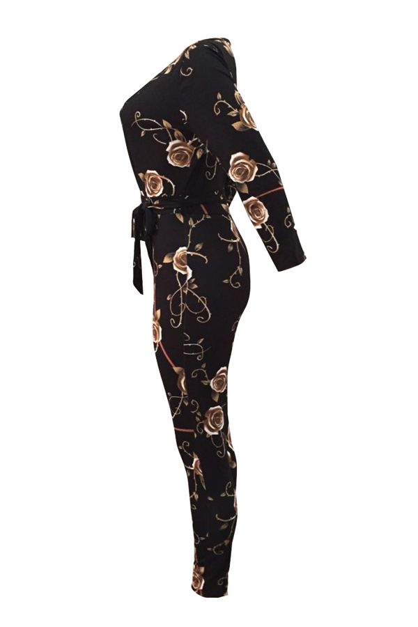  Fashion V Neck Floral Print Black Polyester One-piece Jumpsuits