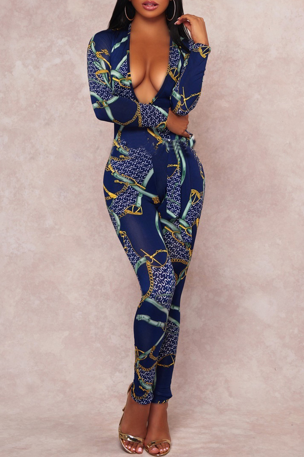  Fashionable Deep V Neck Printed Blue Polyester One-piece Jumpsuits