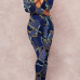  Fashionable Deep V Neck Printed Blue Polyester One-piece Jumpsuits