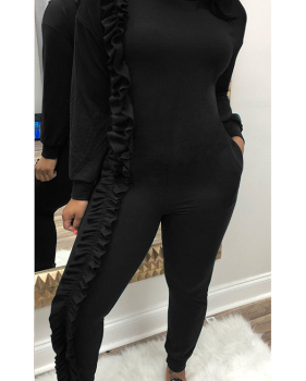  Fashionable Round Neck Ruffle Patchwork Black Polyester One-piece Jumpsuits