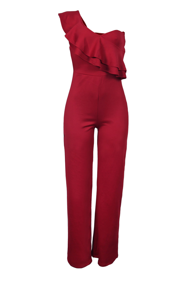 Fashionable Show A Shoulder Ruffles Design Red Polyester One-piece Jumpsuits