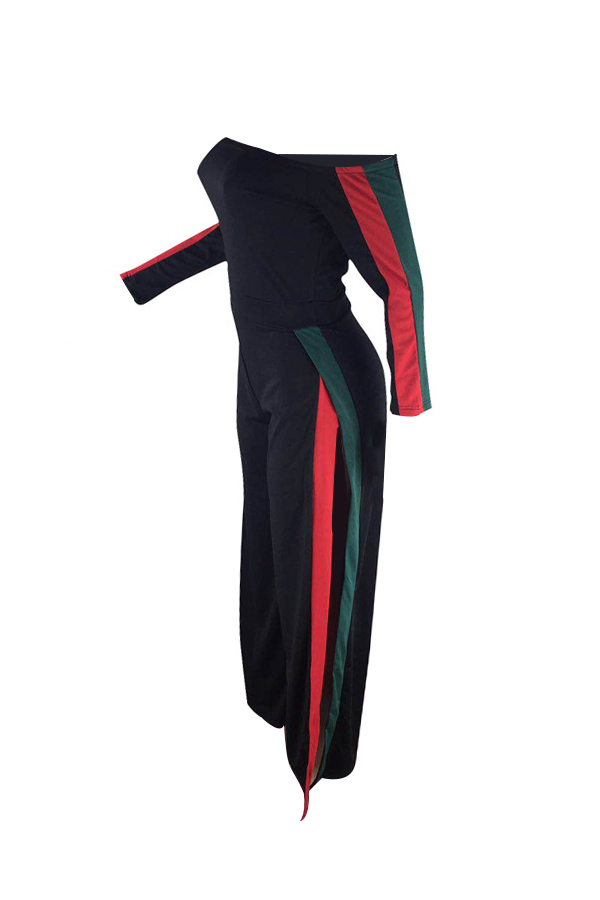  Leisure Bateau Neck Slit Design Black Polyester One-piece Jumpsuits