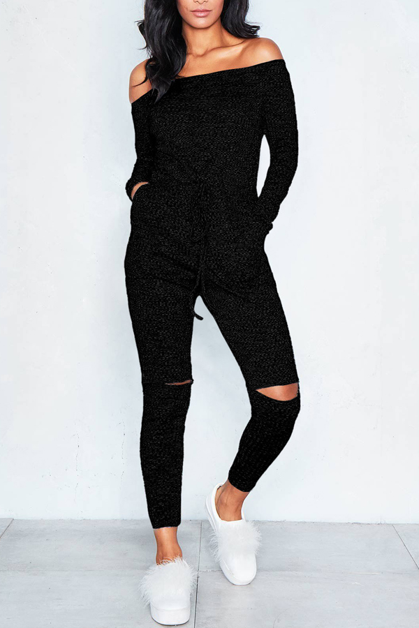  Leisure Dew Shoulder Broken Holes Black Polyester One-piece Jumpsuits
