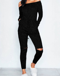  Leisure Dew Shoulder Broken Holes Black Polyester One-piece Jumpsuits
