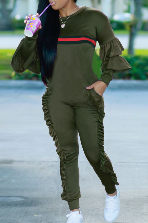  Leisure Round Neck Ruffles Patchwork Army Green Polyester One-piece Jumpsuits