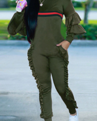  Leisure Round Neck Ruffles Patchwork Army Green Polyester One-piece Jumpsuits