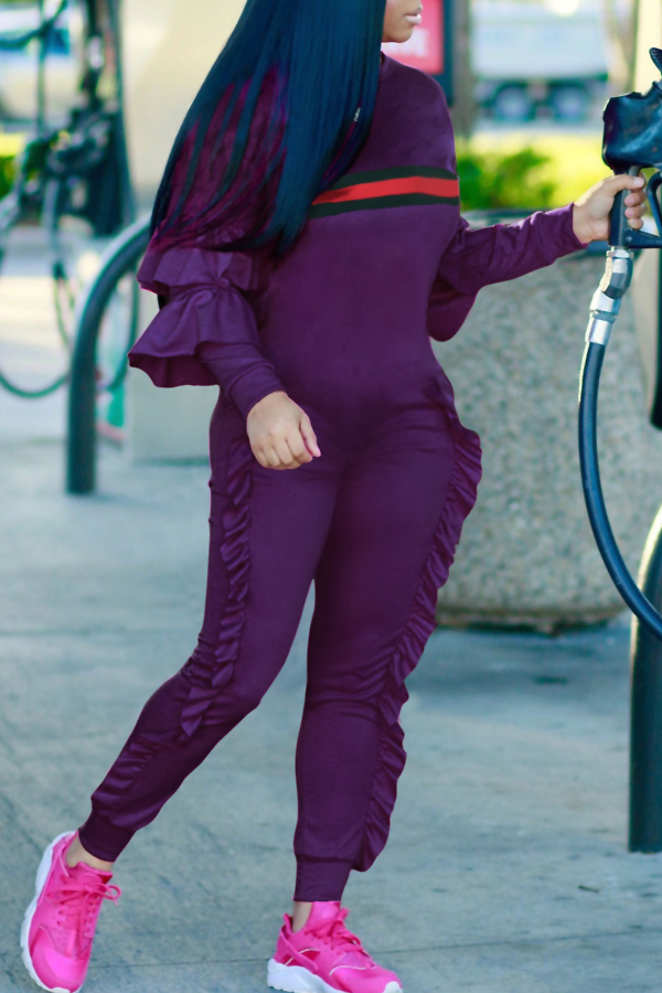  Leisure Round Neck Ruffles Patchwork Purple Polyester One-piece Jumpsuits