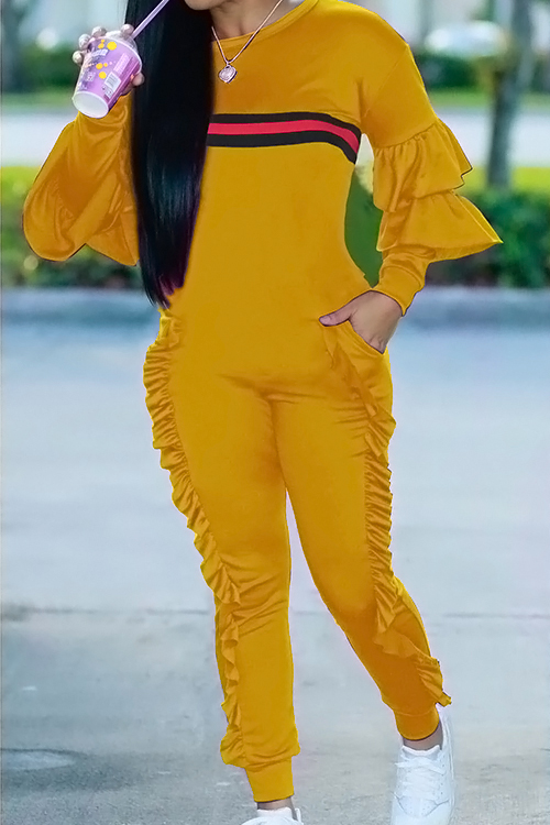  Leisure Round Neck Ruffles Patchwork Yellow Polyester One-piece Jumpsuits
