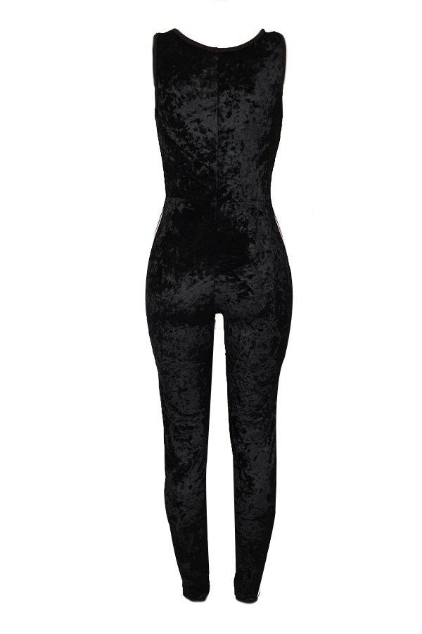  Leisure U-shaped Neck Patchwork Black Velvet One-piece Jumpsuits