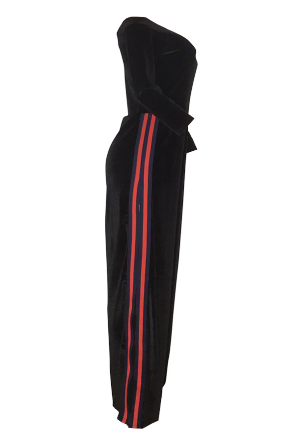  Sexy Bateau Neck Side Slit Black Velvet One-piece Jumpsuits(Without Choker)