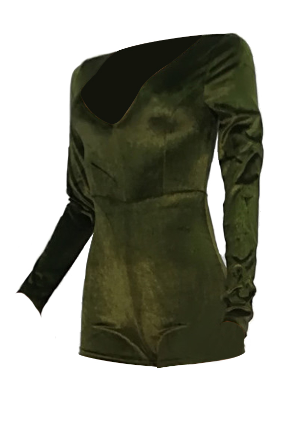  Sexy Deep V Neck Army Green Velvet One-piece Jumpsuits