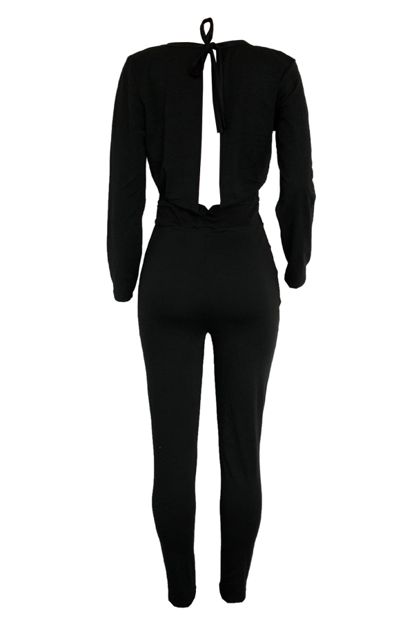  Sexy Deep V Neck Back Hollow-out Black Polyester One-piece Jumpsuits