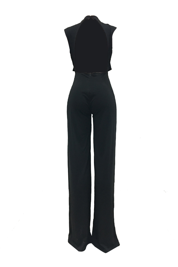  Sexy Deep V Neck Backless Black Polyester One-piece Jumpsuits