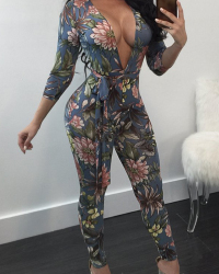  Sexy Deep V Neck Floral Print Blue Polyester One-piece Jumpsuits
