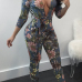  Sexy Deep V Neck Floral Print Blue Polyester One-piece Jumpsuits