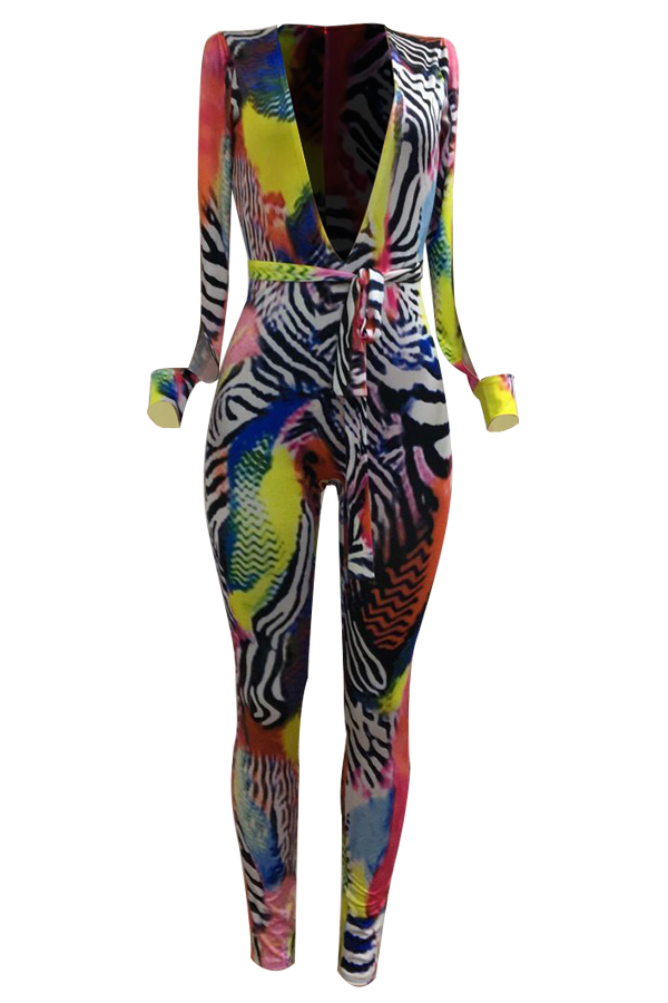  Sexy Deep V Neck Hollow-out Printed Polyester One-piece Jumpsuits