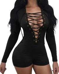  Sexy Deep V Neck Lace-up Hollow-out Black Polyester One-piece Jumpsuits