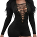  Sexy Deep V Neck Lace-up Hollow-out Black Polyester One-piece Jumpsuits