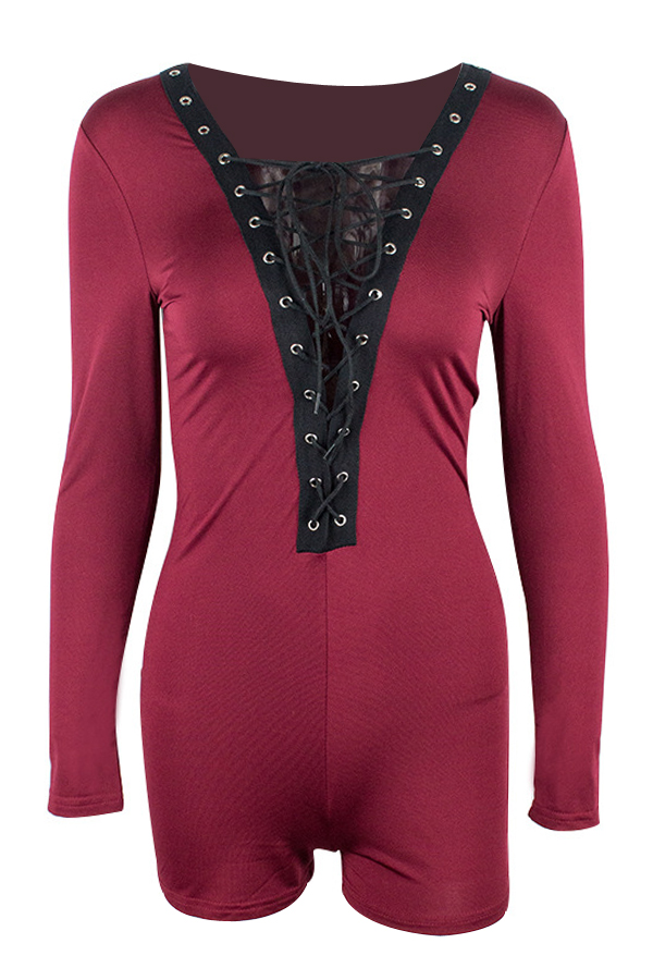  Sexy Deep V Neck Lace-up Hollow-out Wine Red Polyester One-piece Jumpsuits