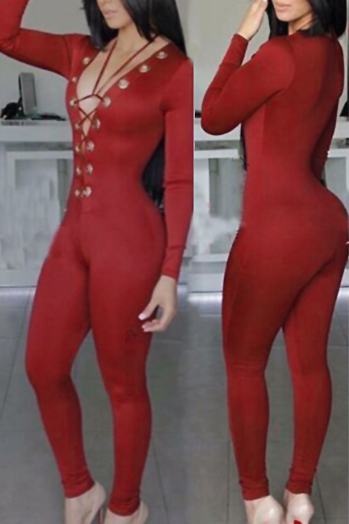  Sexy Deep V Neck Lace-up Red Polyester One-piece Jumpsuits