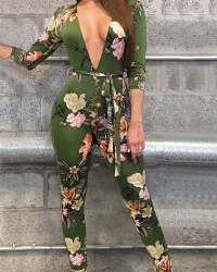  Sexy Deep V Neck Printed Green Polyester One-piece Jumpsuits