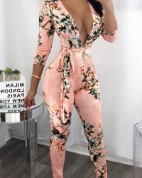  Sexy Deep V Neck Printed Orange Polyester One-piece Jumpsuits