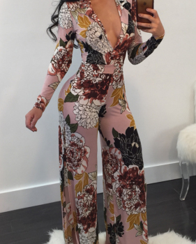  Sexy Deep V Neck Printed Polyester One-piece Jumpsuits