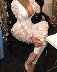  Sexy Deep V Neck See-Through White Lace One-piece Jumpsuits