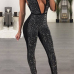  Sexy Deep V Neck Sequined Decorative Black Polyester One-piece Jumpsuits