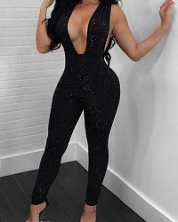  Sexy Deep V Neck Sequined Decorative Black Polyester One-piece Jumpsuits