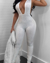  Sexy Deep V Neck Sequined Decorative White Polyester One-piece Jumpsuits