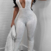  Sexy Deep V Neck Sequined Decorative White Polyester One-piece Jumpsuits