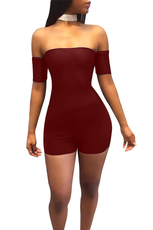  Sexy Dew Shoulder Hollow-out Wine Red Cotton Blends One-piece Skinny Jumpsuits