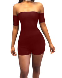  Sexy Dew Shoulder Hollow-out Wine Red Cotton Blends One-piece Skinny Jumpsuits