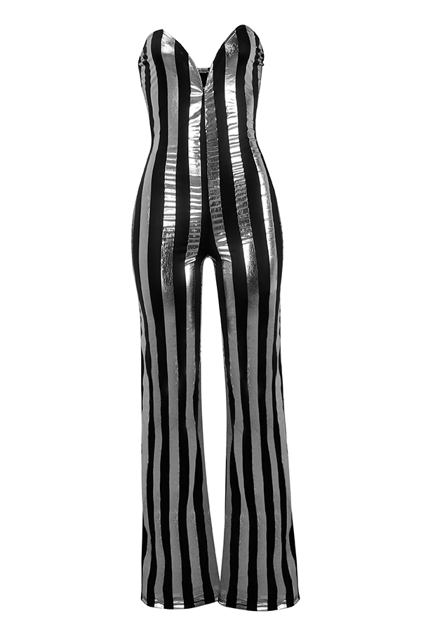  Sexy Dew Shoulder Striped Black-gold Polyester One-piece Jumpsuits