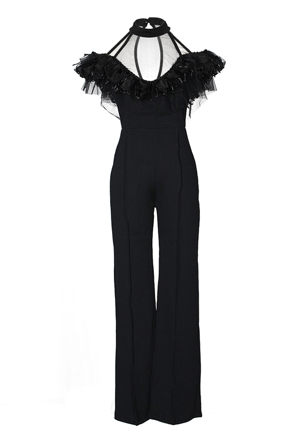  Sexy Gauze Patchwork Black Polyester One-piece Jumpsuits