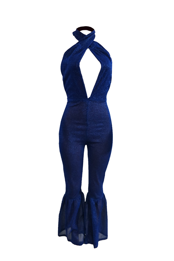  Sexy Halter Neck Backless Blue Polyester One-piece Jumpsuits