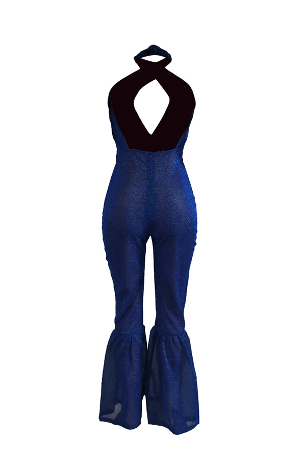 Sexy Halter Neck Backless Blue Polyester One-piece Jumpsuits
