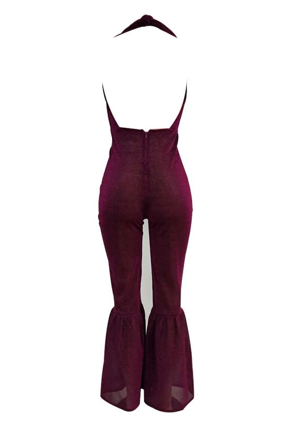  Sexy Halter Neck Backless Purple Polyester One-piece Jumpsuits
