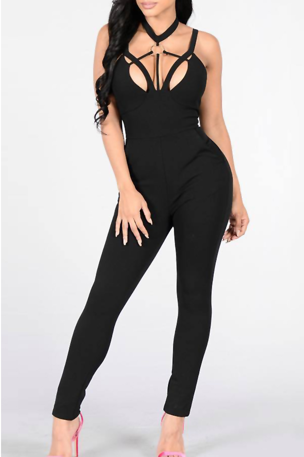  Sexy Halter Neck Hollow-out Black Polyester One-piece Jumpsuits