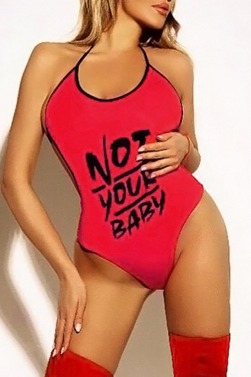  Sexy Halter Neck Letters Printed Backless Red Polyester One-piece Bodysuit