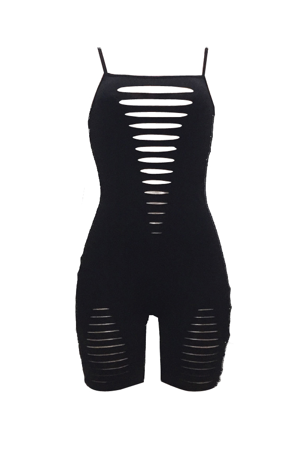  Sexy Hollow-out Black Cotton One-piece Skinny Jumpsuits