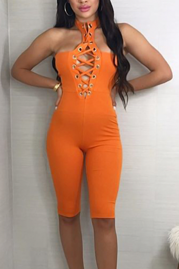  Sexy Hollow-out Orange Polyester One-piece Jumpsuits