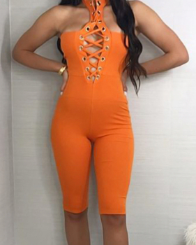  Sexy Hollow-out Orange Polyester One-piece Jumpsuits