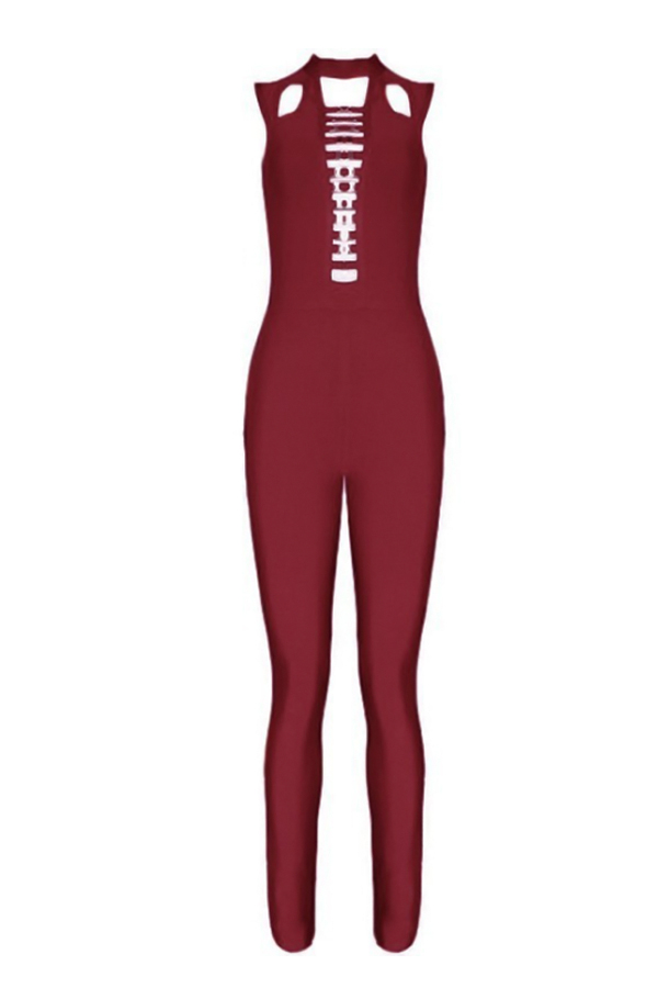  Sexy Hollow-out Red Polyester One-piece Jumpsuits