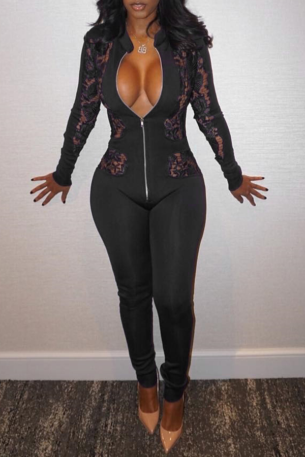  Sexy Hollow-out Zipper Design Black Polyester One-piece Jumpsuits