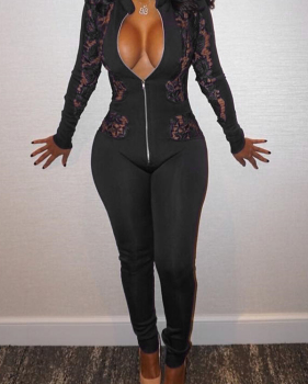  Sexy Hollow-out Zipper Design Black Polyester One-piece Jumpsuits